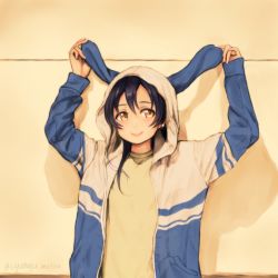 Rule 34 | 10s, 1girl, animal ears, animal hood, arms up, black hair, blue hair, casual, closed mouth, ear lift, earrings, fake animal ears, holding, holding ears, hood, hooded jacket, jacket, jewelry, lilylion26, long hair, long sleeves, looking to the side, love live!, love live! school idol festival, love live! school idol project, nail polish, open clothes, open jacket, pocket, rabbit ears, rabbit hood, shadow, smile, solo, sonoda umi, twitter username, upper body, white nails, yellow eyes