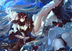 Rule 34 | 10s, 3girls, abyssal ship, air bubble, ass, battleship water oni, black hair, black panties, bleeding, blood, breasts, bubble, character request, crossed bangs, cuts, dress, ear licking, elbow gloves, gloves, horns, i.a.m.genesic, injury, kantai collection, large breasts, licking, long hair, looking back, midway princess, multiple girls, northern ocean princess, panties, red eyes, single horn, submerged, tongue, underwater, underwear, very long hair, white hair, yuri