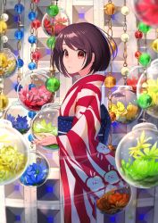 Rule 34 | 1girl, beads, brown hair, chain, eyebrows, flower, from side, highres, iwato1712, japanese clothes, kimono, looking at viewer, obi, original, red eyes, sash, short hair, solo, striped, wide sleeves, yukata