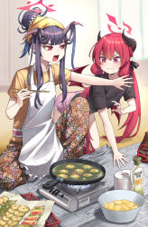 Rule 34 | 2girls, :3, absurdres, annoyed, apron, bandana, black horns, black ribbon, black shirt, blue archive, blunt bangs, blunt tresses, bottle, casual, chocolate syrup, chopsticks, closed mouth, demon horns, dolphin shorts, floral print, frying pan, full body, fuuka (blue archive), hair bun, halo, highres, holding, holding chopsticks, horns, junko (blue archive), kneeling, looking at another, multiple girls, open mouth, pants, pink shorts, police riot (artist), portable stove, print pants, purple hair, red eyes, red hair, ribbon, saliva, shirt, short sleeves, shorts, sidelocks, single hair bun, sitting, sweat, toilet paper, white apron, yellow bandana, yellow shirt