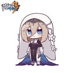 Rule 34 | 1girl, aponia (honkai impact), black dress, blue eyes, blue wings, blush stickers, brown hair, chibi, closed mouth, commentary request, copyright name, dress, eta, eyebrows hidden by hair, hair between eyes, honkai (series), honkai impact 3rd, long sleeves, looking at viewer, mole, mole under eye, pelvic curtain, puffy long sleeves, puffy sleeves, simple background, smile, socks, solo, standing, veil, white background, white socks, wings