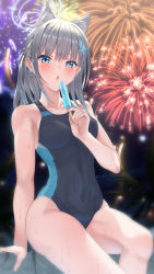 Rule 34 | 1girl, absurdres, animal ear fluff, animal ears, apple t (ringotyasan), backlighting, black one-piece swimsuit, blue archive, blue eyes, commentary request, competition swimsuit, cross, extra ears, fireworks, food, grey hair, hair between eyes, hair ornament, hairclip, halo, highres, holding, inverted cross, looking at viewer, mismatched pupils, official alternate costume, one-piece swimsuit, parted lips, popsicle, school swimsuit, shiroko (blue archive), shiroko (swimsuit) (blue archive), short hair, sidelocks, sitting, sleeveless, solo, swimsuit, thighs, two-tone swimsuit, wet, wet clothes, wet swimsuit, wolf ears, wolf girl