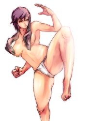 Rule 34 | 1girl, armpits, barefoot, breasts, censored, clenched hand, convenient censoring, female focus, fighting stance, fundoshi, ghost in the shell, homex, japanese clothes, kusanagi motoko, leg lift, legs, purple hair, red eyes, short hair, simple background, solo, stance, standing, thighs, topless, towel, towel over breasts, white background