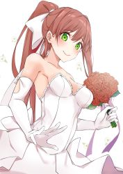 Rule 34 | 1girl, alternate costume, bare shoulders, blush, bouquet, breasts, brown hair, collarbone, commentary, doki doki literature club, dress, elbow gloves, english commentary, flower, gloves, green eyes, hair ribbon, highres, holding, holding bouquet, long hair, medium breasts, monika (doki doki literature club), ponytail, ribbon, simple background, smile, solo, strapless, strapless dress, wedding dress, white background, white dress, white gloves, white ribbon, xhunzei