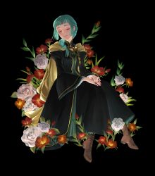 Rule 34 | 1girl, absurdres, ado002, aqua hair, black background, black dress, boots, braid, brown footwear, cape, dress, closed eyes, facing viewer, flower, full body, highres, honzuki no gekokujou, invisible chair, jewelry, own hands together, ring, sitting, solo, uniform, yellow cape
