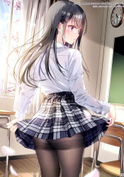 Rule 34 | 1girl, absurdres, ass, black hair, blue sky, blush, branch, chair, chalkboard, cherry blossoms, classroom, day, desk, fingernails, flower, from behind, hair ornament, hairclip, highres, holding, kobayashi chisato, long hair, long sleeves, original, panties, panties under pantyhose, pantyhose, petals, purple eyes, scan, school desk, shiny clothes, shirt, simple background, skirt, skirt hold, sky, solo, underwear, window, wooden floor