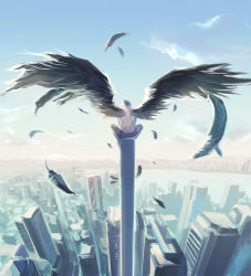 Rule 34 | 1boy, angel wings, black wings, building, city, day, feathers, from behind, highres, luen kulo, male focus, original, outdoors, topless male, sitting, skyscraper, solo, sunlight, wings