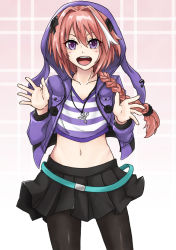 Rule 34 | 1boy, astolfo (fate), astolfo (memories at trifas) (fate), black legwear, braid, fate/apocrypha, fate (series), hood, hoodie, jewelry, male focus, midriff, navel, necklace, official alternate costume, open mouth, pantyhose, pink hair, purple eyes, shishamo (1874486), single braid, skirt, smile, trap