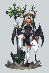Rule 34 | 1girl, absurdres, axe, book, branch, chain, choker, colored skin, covered navel, cross, cyclops, darros, gloves, green hair, grey background, highres, holding, holding axe, holding book, holding shovel, holding weapon, horns, monster girl, nun, one-eyed, orange eyes, original, parted lips, plant, red skin, rock, sharp teeth, short hair, shovel, simple background, solo, spiked choker, spikes, standing, teeth, thighhighs, vines, weapon, white gloves, white thighhighs