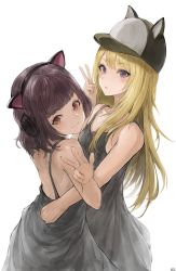 Rule 34 | 2girls, absurdres, bare arms, bare shoulders, black dress, black hair, blonde hair, blush, breasts, cat, chan1moon, character request, dress, headphones, highres, hug, kmnz, long hair, looking at viewer, multiple girls, purple eyes, red eyes, short hair, simple background, small breasts, v, virtual youtuber, w, white background