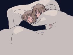 Rule 34 | 1boy, 1girl, blanket, blush stickers, closed eyes, covered mouth, long sleeves, maco22, open mouth, original, pillow, ponytail, short hair, sleeping