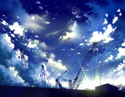 Rule 34 | blue theme, cloud, cloudy sky, crane (machine), highres, louders, no humans, original, scenery, shooting star, sky, star (sky), starry sky, sunrise