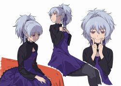 Rule 34 | 1girl, black pantyhose, black ribbon, breasts, closed mouth, commentary request, darker than black, dress, expressionless, feet out of frame, fingersmile, grey hair, hair ribbon, hands on lap, highres, koumoto yuusei, long sleeves, looking at viewer, medium dress, medium hair, multiple views, pantyhose, ponytail, purple dress, purple eyes, ribbon, simple background, sitting, small breasts, white background, yin (darker than black)