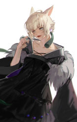 Rule 34 | 1girl, absurdres, ahoge, animal ears, beads, black robe, cat ears, claw ring, collarbone, earrings, facial mark, final fantasy, final fantasy xiv, fur-trimmed robe, fur trim, glint, grey eyes, hand up, highres, jewelry, lips, lipstick, looking at viewer, makeup, miqo&#039;te, robe, short hair, shuangbatian, sidelocks, simple background, slit pupils, smile, solo, white background, white hair, y&#039;shtola rhul