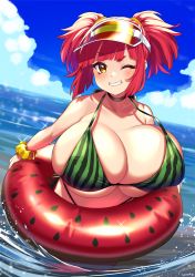 Rule 34 | 1girl, absurdres, bikini, blush, borrowed character, breasts, choker, cloud, cloudy sky, commission, dutch angle, food print, grin, highres, huge breasts, innertube, ocean, one eye closed, original, red hair, skeb commission, sky, smile, solo, swim ring, swimsuit, thick eyebrows, twintails, visor cap, wading, watermelon print, wotori, yellow eyes