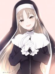 Rule 34 | blush, brown eyes, commentary, gloves, habit, ica, light brown hair, long hair, looking at viewer, nijisanji, nun, open mouth, own hands together, ribbon, sister claire, sister claire (1st costume), smile, solo, teeth, traditional nun, virtual youtuber, white gloves, white ribbon