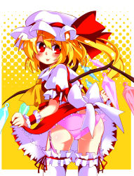 Rule 34 | 1girl, :p, ascot, ass, blonde hair, bow, clothes lift, clothes pull, cowboy shot, crystal, dress, dress lift, embodiment of scarlet devil, female focus, flandre scarlet, frilled thighhighs, frills, from behind, garter straps, gin (shioyude), halftone, hat, lifted by self, looking back, miniskirt, mob cap, outside border, panties, petticoat, pink panties, red dress, red eyes, red skirt, ribbon, shirt, side ponytail, skirt, skirt lift, skirt pull, skirt set, smile, solo, thighhighs, tongue, tongue out, touhou, underwear, white thighhighs, wings, wrist cuffs, wrist ribbon, yellow ascot, yellow background
