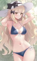 Rule 34 | 1girl, absurdres, arms behind head, bikini, black bow, blonde hair, blue bikini, blunt bangs, blush, bow, breasts, collarbone, hair bow, halterneck, hat, highres, jewelry, long hair, looking at viewer, medium breasts, navel, necklace, outdoors, princess connect!, saren (princess connect!), saren (real) (princess connect!), shade, side-tie bikini bottom, sixteenpo, skindentation, solo, string bikini, swimsuit, very long hair, white bow, white hat, yellow eyes