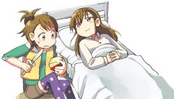 Rule 34 | 2girls, alternate hairstyle, apple, bed, brown eyes, brown hair, food, fruit, futami ami, futami mami, hachi (8bit canvas), idolmaster, idolmaster (classic), knife, light smile, long hair, multiple girls, own hands clasped, own hands together, patterned legwear, print legwear, short hair, siblings, sisters, smile, star (symbol), star print, thighhighs, twins, under covers, wavy mouth