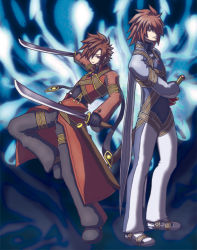 Rule 34 | 00s, 2boys, bad id, bad pixiv id, blue background, brown hair, coat, dual wielding, full body, hair over one eye, higano shou, holding, kratos aurion, lloyd irving, male focus, multiple boys, official alternate costume, pants, red hair, shoes, sword, tales of (series), tales of symphonia, weapon