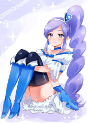 Rule 34 | 00s, 1girl, aono miki, bare shoulders, blue footwear, blue skirt, blue thighhighs, blush, boots, choker, cure berry, drill hair, earrings, eyelashes, female focus, fresh precure!, frilled skirt, frills, hair ornament, hairband, happy, heart, heart hair ornament, high heel boots, high heels, jewelry, knee boots, long hair, looking at viewer, magical girl, md5 mismatch, midriff, mobuko (akita komachi), ponytail, precure, purple eyes, purple hair, shirt, side ponytail, skirt, smile, solo, thighhighs, thighs, zettai ryouiki