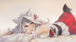 Rule 34 | 1girl, animal hood, azur lane, breasts, closed mouth, fingernails, grey hair, hair between eyes, highres, hood, long hair, lying, nail polish, on stomach, original, paintrfiend, pleated skirt, red eyes, red skirt, simple background, skirt, solo, tail, yuudachi (azur lane), yuudachi (the bride of solomon) (azur lane)