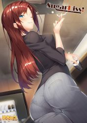 Rule 34 | 1girl, ass, ayase hazuki, blue eyes, blush, breasts, cigarette, cup, feet out of frame, female focus, from below, game cg, hands up, holding, holding cigarette, holding cup, indoors, koshimizu yuki, legs, light blush, long hair, medium breasts, one eye closed, original, pantylines, red hair, smile, smoking, solo, standing, striped legwear, sugarkiss!, thigh gap, thighs, wink