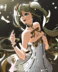 Rule 34 | 1girl, absurdly long hair, absurdres, anniversary, aqua eyes, aqua hair, artist name, artist request, bare shoulders, blue eyes, blue hair, bow, bowtie, bracelet, breasts, cleavage, collarbone, dress, female focus, hand on own chest, hatsune miku, highres, jewelry, long hair, miku symphony (vocaloid), skirt, small breasts, solo, striped clothes, striped skirt, suzuki (pixiv40371596), twintails, vertical-striped clothes, vertical-striped skirt, very long hair, vocaloid, white dress, white skirt
