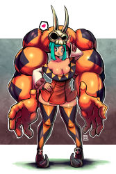 Rule 34 | 1girl, boots, breasts, cerebella (skullgirls), cleavage, eyeshadow, heart, highres, horns, kenron toqueen, lipstick, looking at viewer, makeup, off shoulder, skullgirls, solo, spoken heart, thick thighs, thigh boots, thighhighs, thighs, vice-versa (skullgirls)