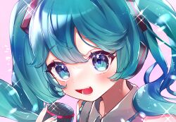 Rule 34 | 1girl, :d, aqua eyes, aqua hair, aqua nails, close-up, collared shirt, dot nose, floating hair, frilled shirt, frills, grey shirt, hair between eyes, hair ornament, hatsune miku, highres, holding, holding microphone, kumono ame, light blush, light particles, long hair, looking at viewer, microphone, miku day, non-circular lens flare, open mouth, pink background, portrait, raised eyebrows, shirt, sidelocks, sleeveless, sleeveless shirt, smile, sparkle, sparkling aura, teeth, twintails, vocaloid