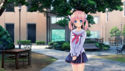 Rule 34 | 1girl, ahoge, bench, blue eyes, blue skirt, blush, building, bush, chair, collarbone, cowboy shot, day, fukigami hatsune, game cg, hedge, lamppost, legs together, long sleeves, looking at viewer, outdoors, own hands together, park bench, pavement, pink hair, pleated skirt, sakura no mori dreamers, school uniform, serafuku, short hair, skirt, solo, standing, table, tree, twintails, v arms, window