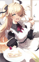 Rule 34 | 1girl, absurdres, apron, black dress, blonde hair, blush, breasts, cake, dress, eyepatch, fischl (genshin impact), food, fork, fruit, genshin impact, green eyes, hair over one eye, highres, icing, long hair, long sleeves, looking at viewer, lumo 1121, medium breasts, open mouth, plate, smile, solo, strawberry, two side up, white apron