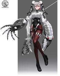 Rule 34 | 1girl, absurdres, ankle boots, arm cutout, asymmetrical bangs, boots, claws, closed mouth, commentary request, covered navel, earrings, full body, gauntlets, hair ornament, high heels, highres, isopod, jewelry, long hair, looking at viewer, mole, mole under eye, original, pelvic curtain, red eyes, see-through, shiny clothes, short eyebrows, silver hair, solo, thick eyebrows, twintails, very long hair, wing (wingho)