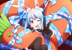 Rule 34 | 1girl, :d, ;d, animal ear fluff, animal ears, black gloves, black pantyhose, blue hair, blush, bow, braid, carrot, carrot hair ornament, coat, commentary, commentary request, food-themed hair ornament, fur-trimmed gloves, fur trim, gloves, hair bow, hair ornament, highres, hololive, long hair, looking at viewer, meru corone, multicolored hair, one eye closed, open mouth, orange background, orange eyes, pantyhose, rabbit ears, rabbit girl, reaching, reaching towards viewer, red eyes, smile, symbol-only commentary, symbol in eye, teeth, thick eyebrows, tongue, twin braids, two-tone hair, upper teeth only, usada pekora, usada pekora (1st costume), v, virtual youtuber, white bow, white coat, white hair