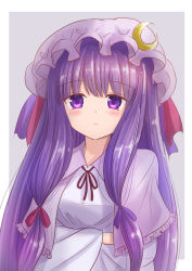 Rule 34 | 1girl, blue ribbon, blush, border, breasts, capelet, closed mouth, crescent, dress, grey background, hair ornament, hat, hat ribbon, ichima (pixiv 29147205), long hair, looking at viewer, mob cap, neck ribbon, outside border, patchouli knowledge, purple eyes, purple hair, red ribbon, ribbon, sidelocks, solo, touhou, upper body, very long hair, white border