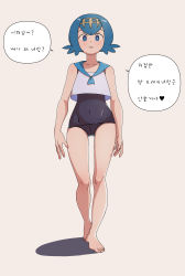 Rule 34 | 1girl, absurdres, artist request, barefoot, blue eyes, blue hair, blush, bright pupils, collarbone, covered navel, creatures (company), full body, game freak, highres, korean text, lana (pokemon), looking at viewer, looking down, nintendo, one-piece swimsuit, parted lips, pokemon, pokemon sm, sailor collar, solo, speech bubble, swimsuit, tagme, tan background, translation request, walking, white pupils