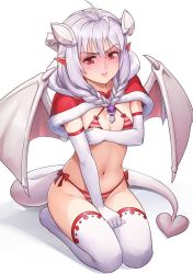 Rule 34 | 1girl, :t, bikini, braid, breasts, capelet, christmas, commentary, covering breasts, covering privates, demon girl, demon horns, demon tail, demon wings, elbow gloves, english commentary, full body, fur-trimmed capelet, fur trim, gloves, horns, lilim (monster girl encyclopedia), long sleeves, looking at viewer, maritan (pixelmaritan), monster girl encyclopedia, navel, no shoes, original, pointy ears, pout, red bikini, red capelet, red eyes, runa, seiza, side-tie bikini bottom, sitting, small breasts, solo, striped bikini, striped clothes, swimsuit, tail, thighhighs, twin braids, white gloves, white hair, white thighhighs, wings
