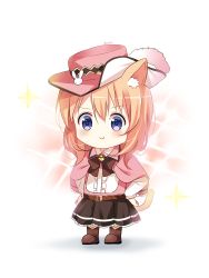 Rule 34 | 1girl, animal ear fluff, animal ears, artist name, black skirt, blue eyes, blush, boots, brown footwear, brown hair, cat day, cat ears, cat girl, cat tail, center frills, chibi, cloak, closed mouth, commentary request, deyui, frills, gochuumon wa usagi desu ka?, hair between eyes, hands on own hips, hat, highres, hoto cocoa, kemonomimi mode, long hair, long sleeves, pink cloak, pink hat, pleated skirt, shirt, signature, skirt, smile, solo, sparkle, sparkle background, standing, tail, white shirt