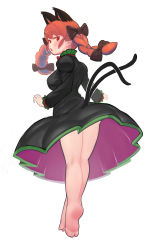 Rule 34 | 1girl, absurdres, animal ears, barefoot, black bow, black dress, blush, bow, braid, cat ears, cat tail, collar, dress, extra ears, fingernails, frilled collar, frilled sleeves, frills, full body, hair bow, highres, kaenbyou rin, long hair, looking at viewer, multiple tails, red eyes, red hair, serakawa, sharp fingernails, simple background, solo, tail, touhou, twin braids