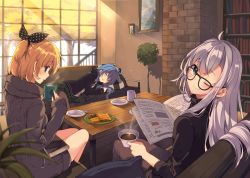 Rule 34 | 3girls, absurdres, ahoge, black-framed eyewear, blonde hair, blue eyes, blue hair, blush, book, bread slice, closed eyes, closed mouth, couch, cup, food, glasses, green eyes, green skirt, hair ribbon, highres, holding, holding cup, indoors, jacket, long hair, long sleeves, looking at viewer, looking back, lying, mishima kurone, mug, multiple girls, novel illustration, official art, on couch, on side, one eye closed, open book, open mouth, pantyhose, pillow, plaid, plaid skirt, plant, polka dot, polka dot ribbon, profile, ribbon, rokudenashi majutsu koushi to akashic record, rumia tingel, ryiel rayford, short hair, silver hair, sistine fibel, sitting, skirt, sleeping, smile, sweater, table, textless version, toast, turtleneck, window