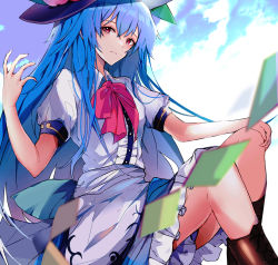 Rule 34 | 1girl, back bow, black headwear, blue hair, blue sash, blush, boots, bow, brown footwear, buttons, closed mouth, cross-laced footwear, frills, highres, hinanawi tenshi, invisible chair, knees, kurozu piroo, long hair, looking at viewer, puffy short sleeves, puffy sleeves, rainbow order, red eyes, sash, short sleeves, sidelocks, sitting, solo, touhou