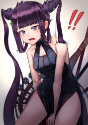 Rule 34 | !, !!, 1girl, @ @, bare shoulders, black dress, blunt bangs, breasts, center opening, china dress, chinese clothes, cleavage, collarbone, double bun, dress, fate/grand order, fate (series), gradient background, hair bun, hair ornament, leaf hair ornament, long hair, motivation (user kace3282), open mouth, purple eyes, purple hair, side slit, sidelocks, small breasts, solo, twintails, very long hair, wavy mouth, yang guifei (fate), yang guifei (second ascension) (fate)