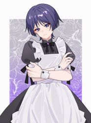 Rule 34 | 1boy, alternate costume, apron, black bow, black bowtie, black dress, black ribbon, blunt ends, border, bow, bowtie, buttons, closed mouth, crossdressing, crossed arms, dress, enmaided, eyeshadow, fingernails, floral background, flower, genshin impact, gradient background, grey background, heimi (himi), highres, looking at viewer, maid, makeup, male focus, mandarin collar, no headwear, outside border, puffy short sleeves, puffy sleeves, purple background, purple eyes, purple hair, red eyeshadow, ribbon, rose, scaramouche (genshin impact), short hair, short sleeves, solo, standing, v-shaped eyebrows, white apron, white border, wrist cuffs