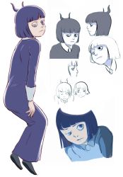 Rule 34 | 1girl, ahoge, bob cut, character sheet, creepy susie, dress, floating, frown, glowing, goromaki, head tilt, hime cut, looking back, purple hair, red eyes, short hair, simple background, sketch, solo, the oblongs, white background