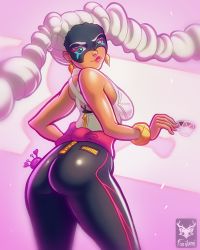 Rule 34 | 1girl, arms (game), ass, back, crab, dark skin, dark-skinned female, female focus, hip focus, solo, thighs, twintails, twintelle (arms), white hair, wristband