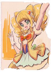 Rule 34 | 1girl, :d, artist logo, blonde hair, bow, choker, commentary, commentary request, cure sparkle, earrings, english commentary, eyelashes, gloves, graph paper, green eyes, hair ornament, happy, healin&#039; good precure, hiramitsu hinata, jewelry, kamikita futago, long hair, looking at viewer, magical girl, mixed-language commentary, official art, open mouth, paper background, pom pom (clothes), pom pom earrings, precure, signature, simple background, skirt, smile, solo, twintails, upper body, vest, watercolor background, white gloves, yellow choker