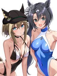 2girls alternate_costume bikini black_hair blue_eyes blush breasts brown_hair cheval_grand_(umamusume) cleavage collarbone commentary_request green_eyes hat highres horse_girl looking_at_viewer medium_breasts medium_hair multiple_girls satono_crown_(umamusume) side_ponytail simple_background swimsuit tsukiyuki_mike umamusume white_background