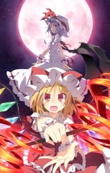 Rule 34 | 2girls, arm ribbon, bat wings, blonde hair, blue hair, dress, flandre scarlet, full moon, gem, hat, jewelry, laevatein, looking at viewer, mob cap, moon, multiple girls, necklace, night, open mouth, pendant, puffy sleeves, red dress, red eyes, red moon, remilia scarlet, ribbon, satou kibi, short sleeves, siblings, sisters, sky, slit pupils, star (sky), starry sky, touhou, white dress, wings, wrist cuffs