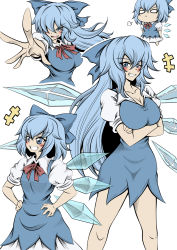 Rule 34 | age progression, aged up, alternate hair length, alternate hairstyle, blue bow, blue dress, blue eyes, blue hair, bow, breasts, cirno, cleavage, crossed arms, dress, grin, hair bow, hidefu kitayan, highres, ice, ice wings, large breasts, long hair, looking at viewer, multiple views, short hair, short sleeves, simple background, smile, touhou, white background, wings