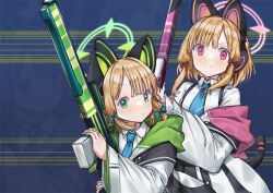 Rule 34 | 2girls, animal ear headphones, animal ears, battle rifle, blonde hair, blue archive, blue necktie, bow, cat ear headphones, cat tail, collared shirt, commentary, counter-strike, counter-strike (series), english commentary, fake animal ears, green eyes, green halo, gun, h&amp;k g3, hair bow, halo, headphones, holding, holding gun, holding weapon, hood, hooded jacket, jacket, low-tied sidelocks, midori (blue archive), momoi (blue archive), multicolored clothes, multicolored jacket, multiple girls, necktie, parody, parted bangs, persocon93, pink eyes, pink halo, rifle, shirt, siblings, sisters, tail, twins, upper body, weapon, white jacket, wide sleeves